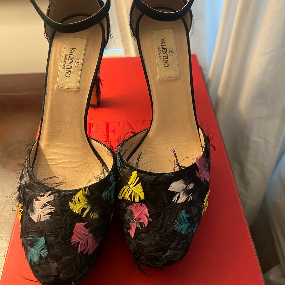 Valentino Polka Dot Feather heel. Black with multi colored feathers. Size 37